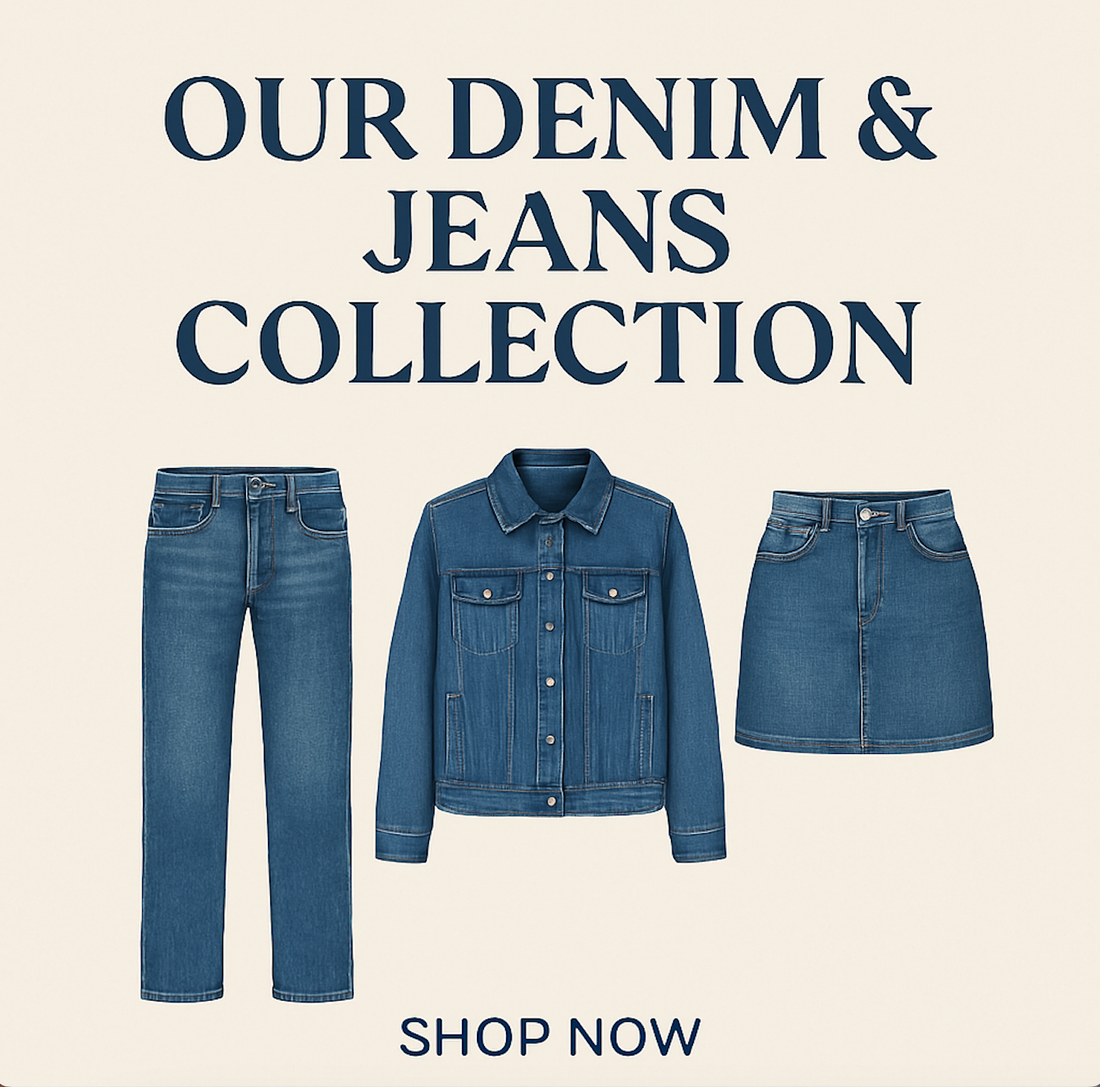 A promotional image featuring a denim jeans collection with straight-leg jeans, a denim jacket, and a denim skirt, with "Shop Now" text.