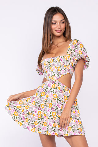 FLORAL RUCHED + RUFFLED BODYCON DRESS