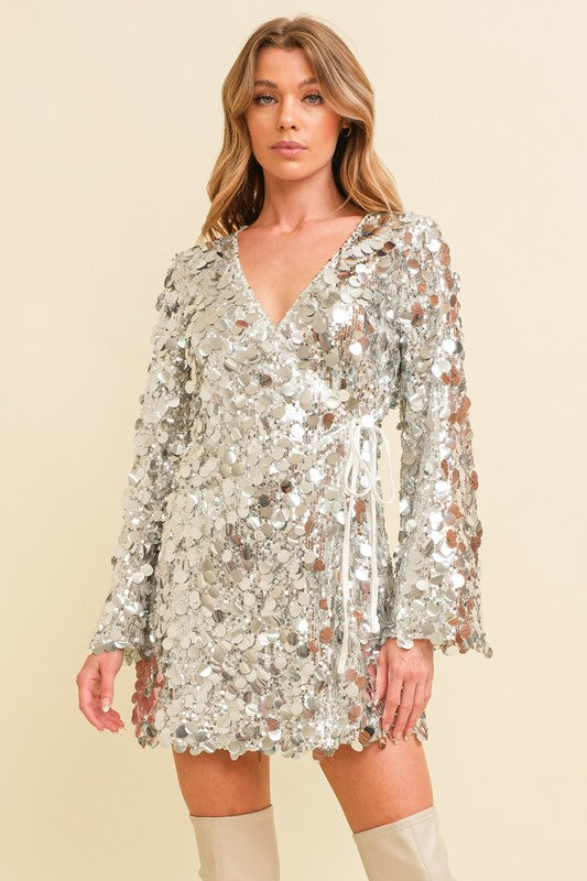 SILVER SEQUIN WRAP MINI DRESS THREE SILVER SEQUIN WRAP MINI DRESS THREE