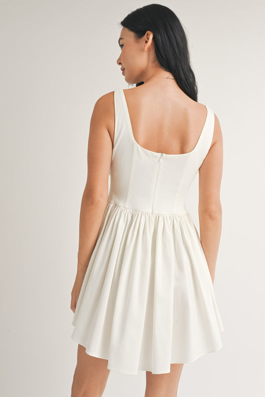 SLEEVELESS PLEATED FLARED MINI DRESS