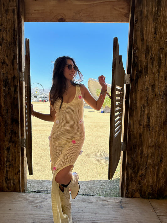 YELLOW KNIT FLOWER MAXI DRESS