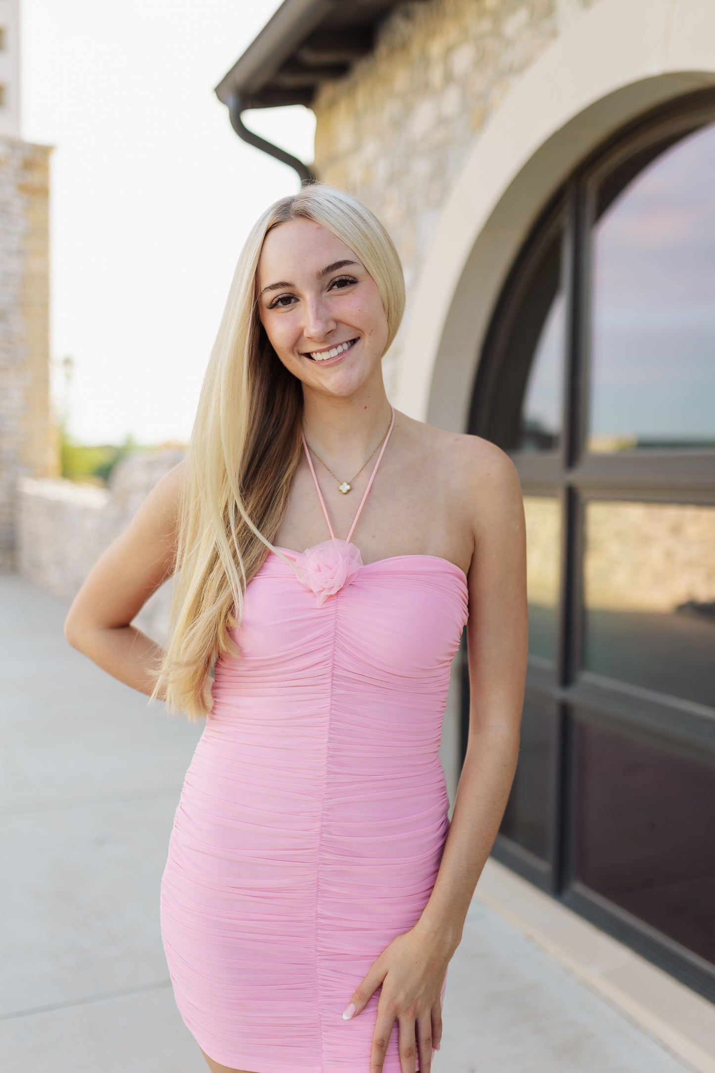 PINK ROSE DETAIL RUCHING DRESS