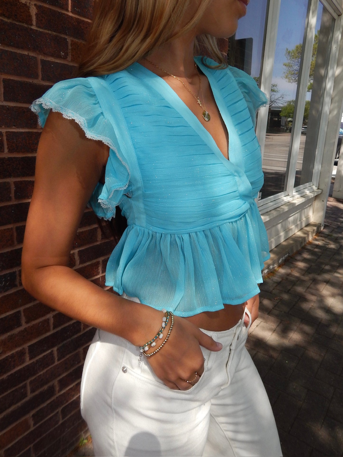 SKY BLUE V NECK TOP