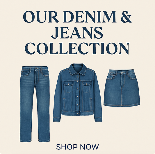 A promotional image featuring a denim jeans collection with straight-leg jeans, a denim jacket, and a denim skirt, with "Shop Now" text.