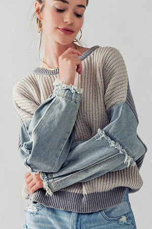 DENIM SLEEVE TWO TONE KNIT SWEATER