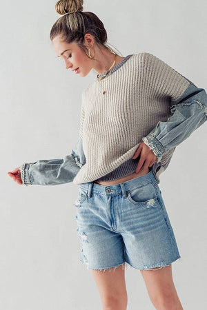 DENIM SLEEVE TWO TONE KNIT SWEATER