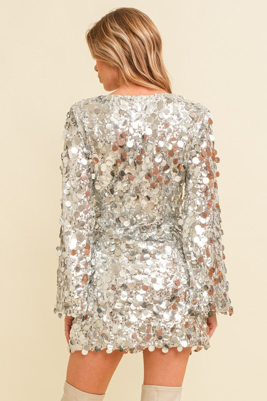 SILVER SEQUIN WRAP MINI DRESS