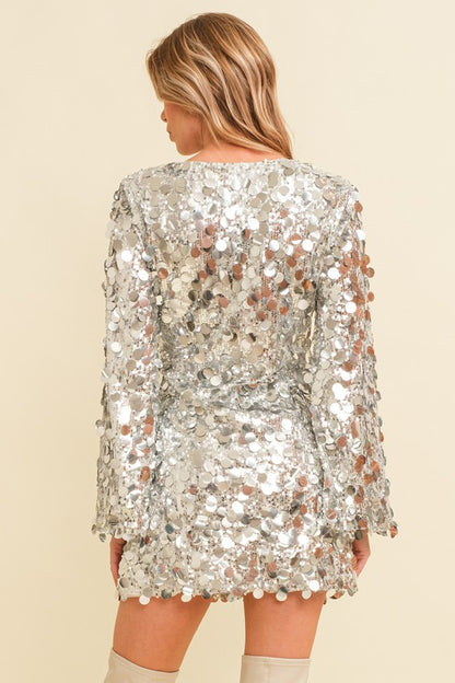 SILVER SEQUIN WRAP MINI DRESS