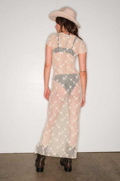 MESH SLIT & TIE MAXI DRESS