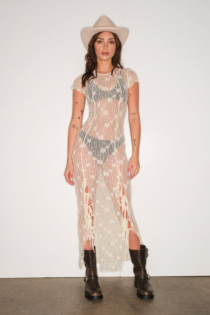 MESH SLIT & TIE MAXI DRESS