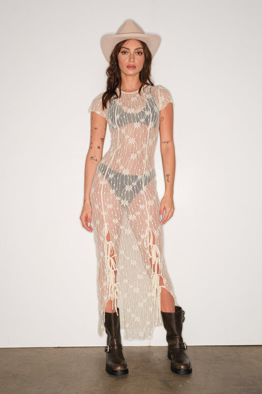 MESH SLIT & TIE MAXI DRESS