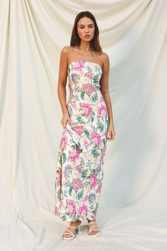 FLORAL STRAPLESS MAXI DRESS