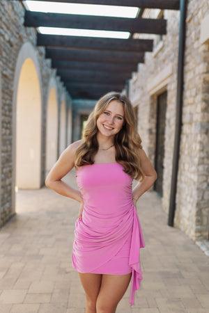 PINK STRAPLESS RUCHED MINI DRESS