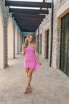PINK STRAPLESS RUCHED MINI DRESS