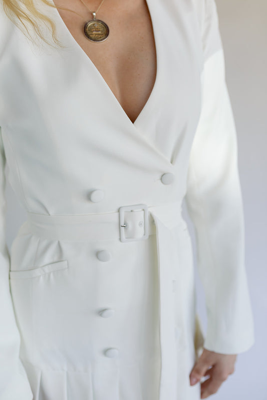OLIVACEOUS CLASSY WHITE RUFFLE DRESS WITH BUTTONS