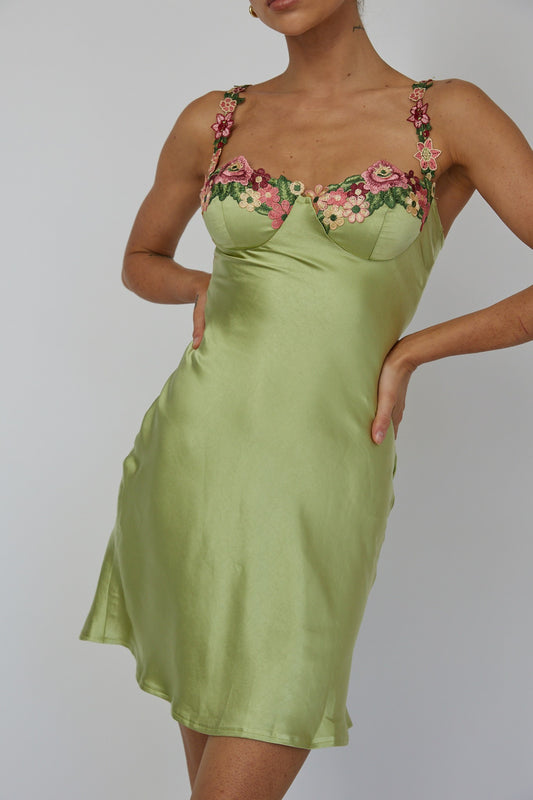 EMBROIDED FLORAL TRIM MINI DRESS