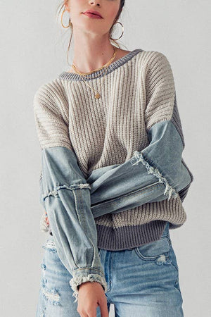 DENIM SLEEVE TWO TONE KNIT SWEATER