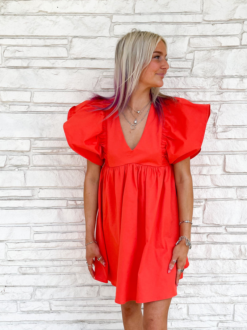 RED BUBBLE SLEEVE BABYDOLL DRESS