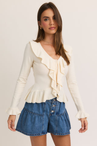 KHAKI RUFFLE NECK TOP