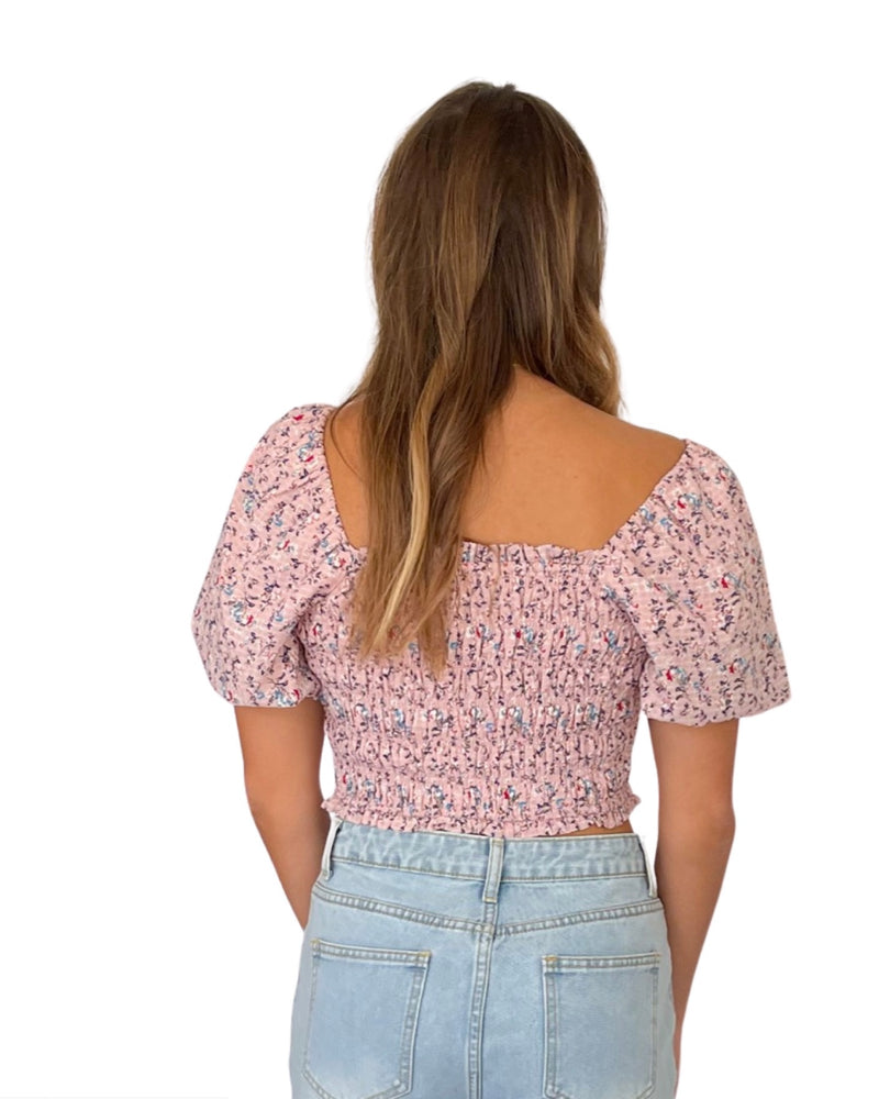 PUFF SLEEVE PINK + NAVY FLORAL TOP